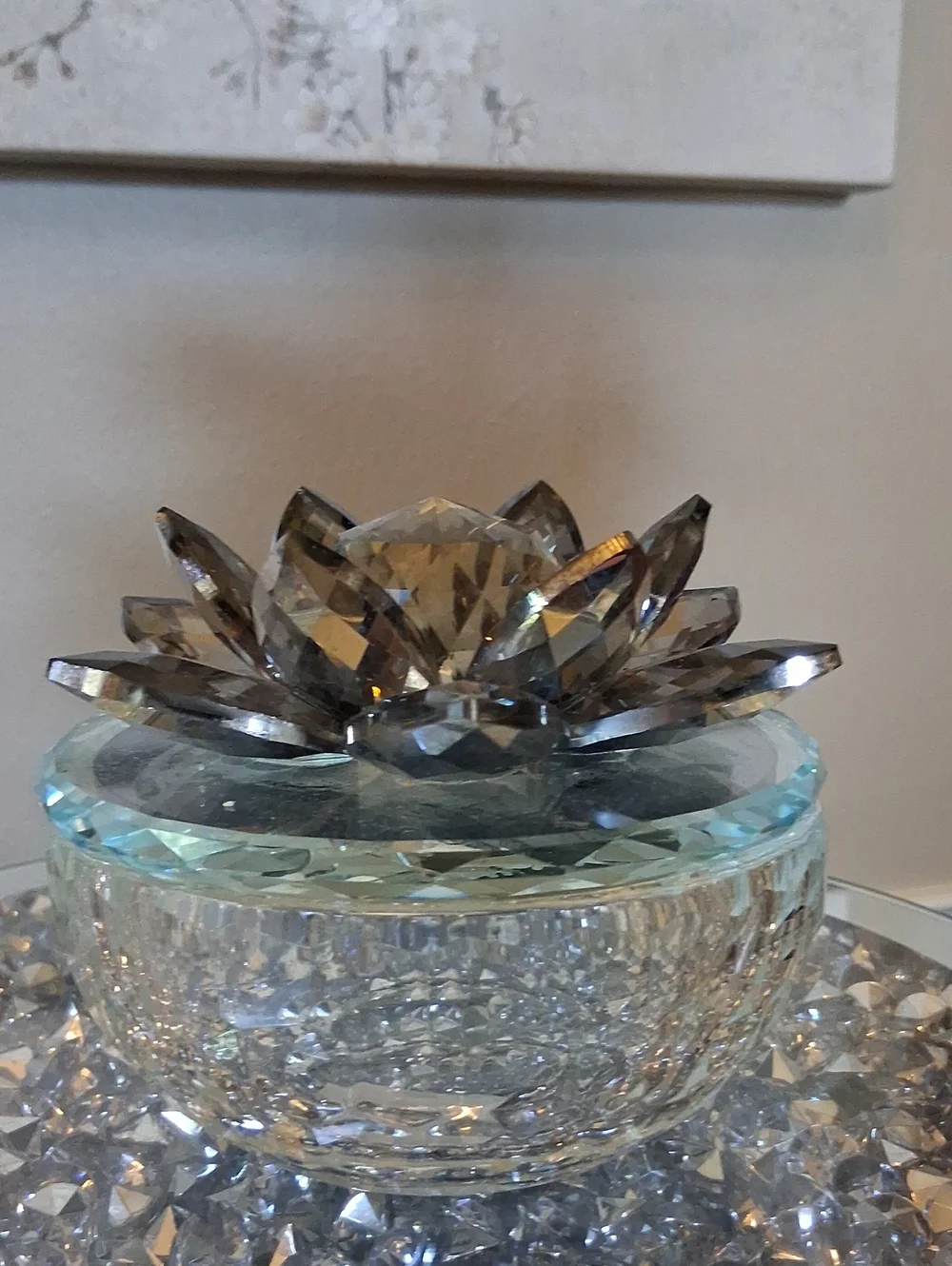 Crystal Lotus Decorative Bowl and Round Glass Jewelry Box - Vanity Accent